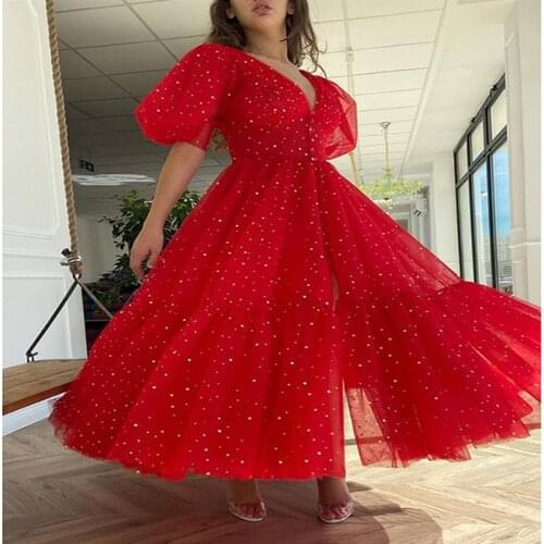 2021 Summer Dress Fashion Polka Dot V-neck Lantern Sleeve Shiny Net Yarn Long Dress Woman