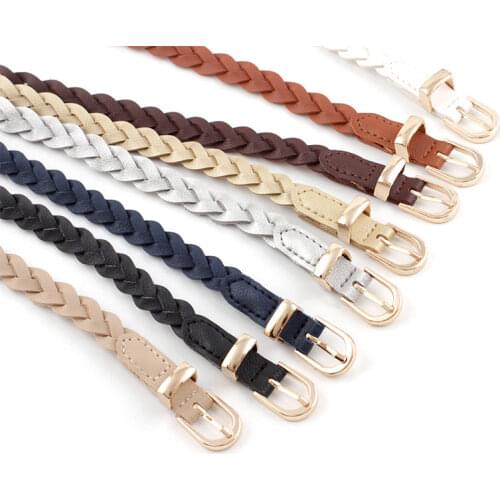 Womens Dress Thin Belt PU Leather Braided Belt Golden Pin Buckle 1.2cm Width New Fashion Causal Waistband Designer Brand