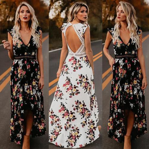2020 Summer Womens BOHO Holiday Beach Dress Ladies Party Maxi Sleeveless Backless Vintage Split Black White Floral Printed Dress