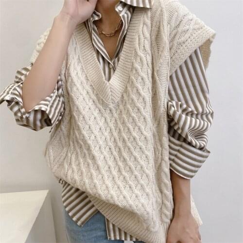 ZXQJ Women 2021 Fashion Oversized Cable Knitted Vest Sweater Vintage V Neck Sleeveless Female Waistcoat Chic Tops