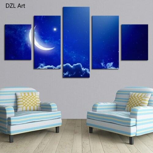 Unframed 5 panels Abstract Blue Sky White Moon landscape Art HD Picture Print On Canvas Painting Wall Picture For Home Decor