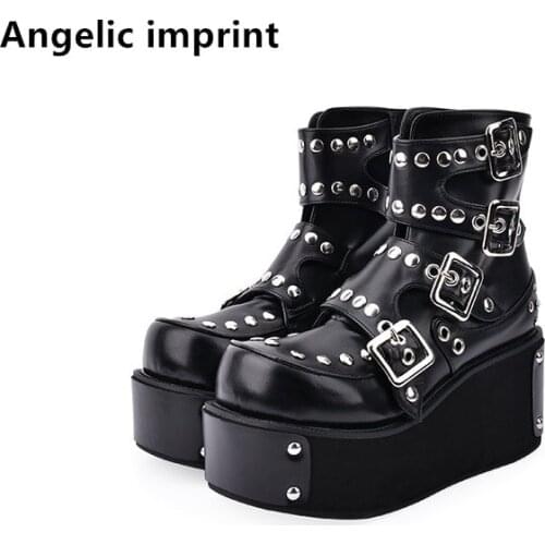 Angelic imprint handmade Women Gothic motorcycle punk boots lady short Boots woman high trifle heels pumps shoes rivets 33-47