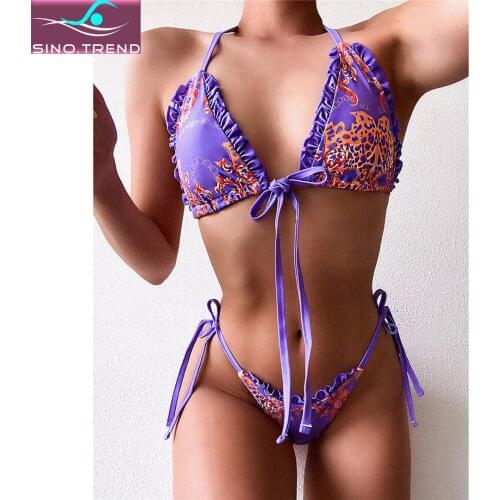 Knotted Purple Halter Bikini Set Female Swimsuit Women Lettuce Bra Swimwear Two-pieces Ruffled Frilled Print Bather Bathing Suit