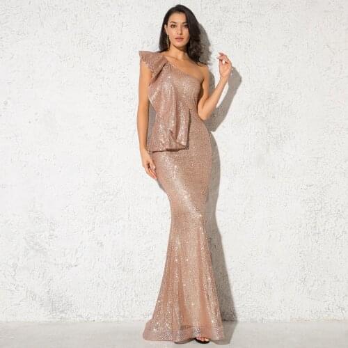 One Shoulder Draped Ruffle Long Dress Gold Glittered Sleeveless Floor Length Elegant Evening Party Maxi Dress
