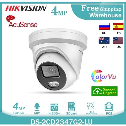 Hikvision Acusense 4MP ColorVu IP Camera DS-2CD2347G2-LU H265+ POE Bulit-in MIC CCTV Outdoor Video Surveillance Dome Camera