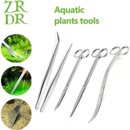 ZRDR Fish tank cleaning tool, scissors and tweezers set, stainless steel water plant maintenance tool, water plant cleaning tool
