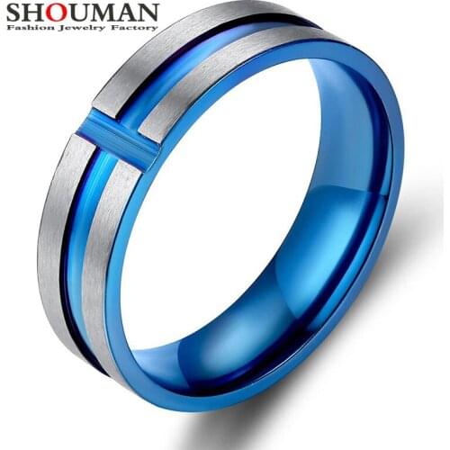 SHOUMAN 316L Stainless Steel Retro Notch Cross Blue Color Rings For Women Cross Engagement Wedding Ring Jewelry
