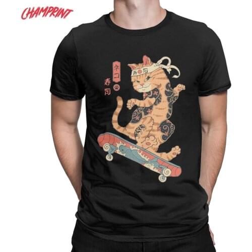 Mens T-Shirt Skateboard Japanese Style Cat Anime Samurai Pure Cotton Tees Japan Sushi T Shirts Round Neck Clothing Gift Idea
