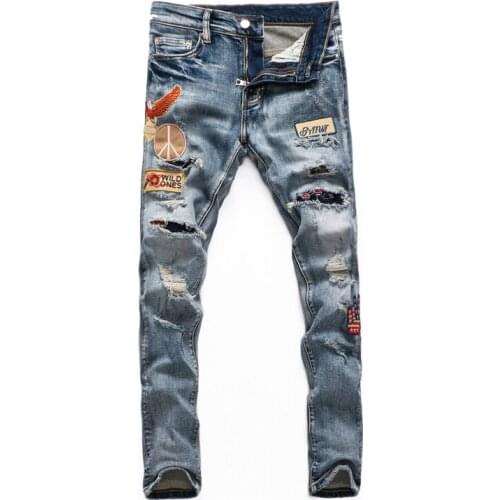 American Street Style Fashion Men Jeans Retro Blue Elastic Slim Fit Ripped Jeans Men Patches Designer Hip Hop Denim Punk Pants