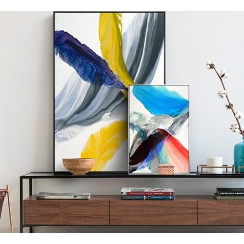 Nordic Colorful Abstract Feather Wall Art Canvas Painting Blue Yellow watercolor Poster Print Wall Picture for Living Room Decor