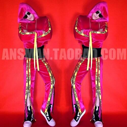 Nightclub Male DJ singer Pink Velvet ribbon fleece wide-legged pants costumes suit Stage show performance wear