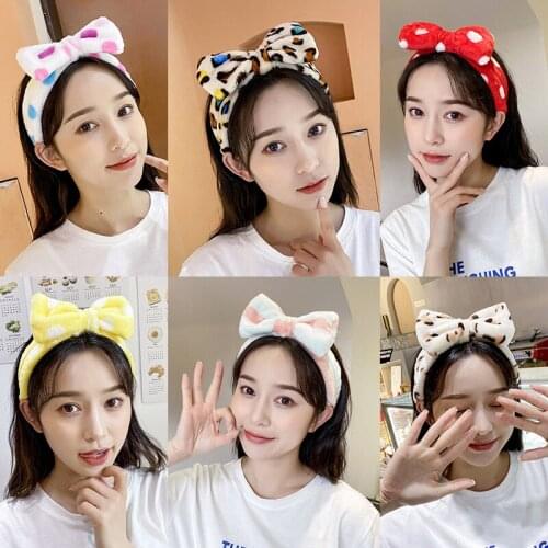 Popular Soft Coral Fleece Top Bowknot Print Headband for Women Girls Wash Face Spa Hair Holder Hairbands Turban Hair Accessories