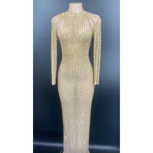 Gold Rhinestones Transparent Long Dress Birthday Celebrate Mesh Outfit Bar Prom Show Women Dancer Dresses