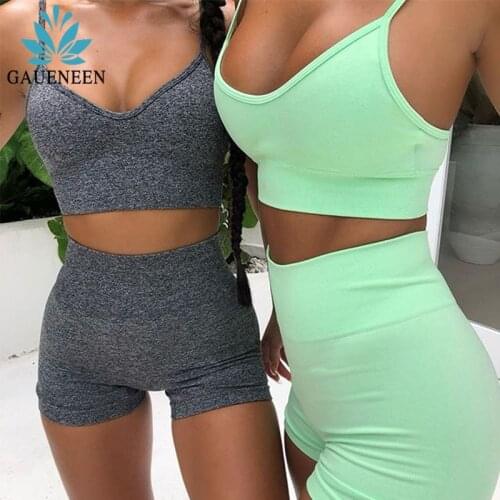 GAUENEEN Women Seamless Yoga Set Sports Bra Short Sleeve Crop Top High Waist Shorts Leggings Active Wear Fitness Workout Clothes