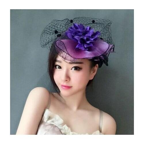 Purple Bride Feather Top hat net yarn headdress Famous woman banquet retro party Performing Hair Decoration Evening Dress Acces
