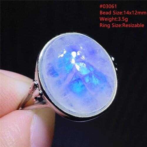 Top Quality Natural Blue Light Moonstone Crystal Adjustable Ring All Size Women 925 Silver Clear Oval Bead Ring AAAAA