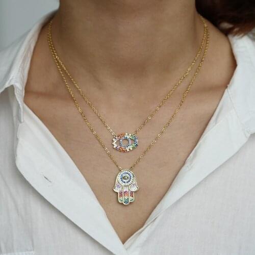 2019 gold filled rainbow colorful cz hamsa hand evil eye necklaces for women multi colored layer lucky Turkish Boho jewelry