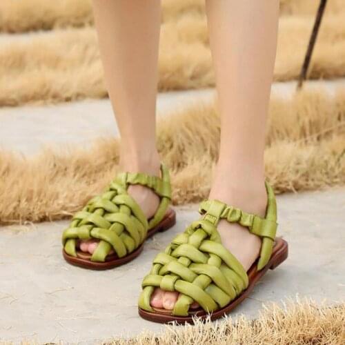 2021 New Summer Shoes Women Sandals Genuine Leather Back Strap Retro Handmade Flat with Weave Concise Leisure Ladies Sandals