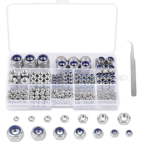 520PCS Lock Nuts Nylon 304 Stainless Steel Hex Nuts 9 Size Lock Nuts Self-Locking Lock Nuts Clamp Nut Set Nut Set