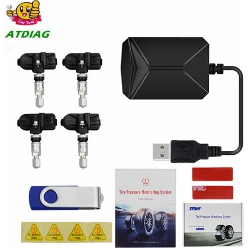 USB Android TPMS Car Tire Pressure Monitor with 4 External Sensors 116 psi Monitoring Alarm System 5V Wireless Transmission TPMS