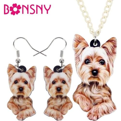 Bonsny Acrylic Cute Yorkshire Terrier Dog Earrings Necklace Collar Cartoon Animal Jewelry Sets For Women Girls Teens Gift Pets