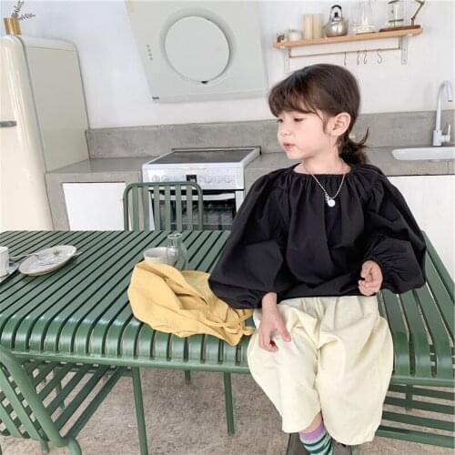 DFXD Spring Autumn Toddler Girl Clothes Set Casual 2PC Outfit Set Black Puff Sleeve Loose Tops+Pants Childrens Sets For 2-7T