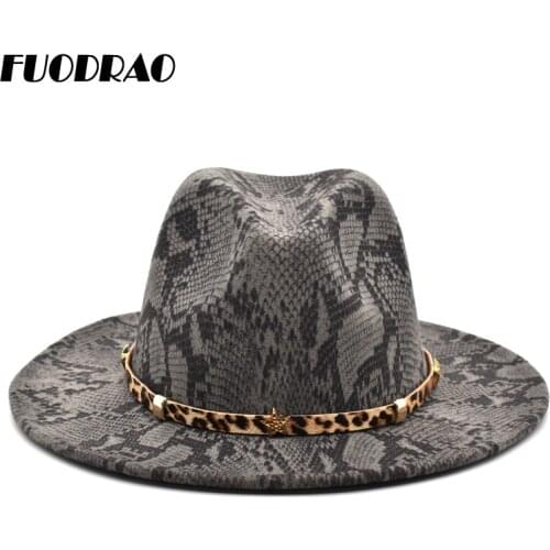 FUODRAO New Snake Print Hats For Women Wide Brim Fedora Hats Men Wool Autumn Winter British Vintage Jazz Hat F28