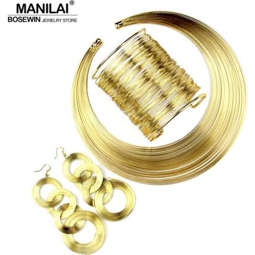 MANILAI Women Fashion Jewelry Set Multilayer Metal Wire Chokers Necklace Bangle Earrings Sets Indian Jewelry Sets Trendy Gift
