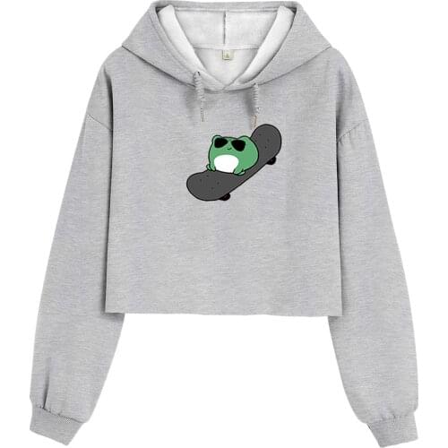 Cool Skateboard Frog Wear Sunglasses Oversized Sweatshirt Cotton Drawstring Crop Top Kawaii Casual Pullovers For Women Hoodies