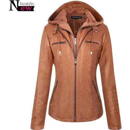 Fashion Hoodie Leather Jacket Women Leather Hooded Jackets Front Pocket Slim Fit Hat Detachable Coat Women Jacket Chaqueta Mujer