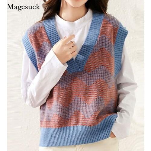 Autumn Winter Knitted Vest Sweater Women Sleeveless Loose Striped Pullover Sweater Vest Female Vintage Jumper Knit Vest 16321