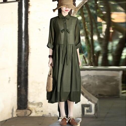 QPFJQD Ladies Tencel Cotton Dress Turn Down Collar Solid Color Summer Autumn Female Elegant Bowknot Dress Three Quarter Sleeve