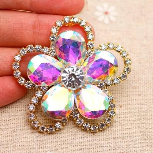 50mm crystal AB Flower Shape Sew On Rhinestone With Claw Setting Gold Base Fancy Stone Rhinestone applique For Wedding Dress