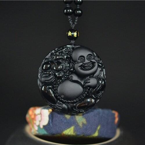 Drop Shipping Natural Black Obsidian Circle Buddha Carved Lucky Amulet pendant Necklace Buddha pendants