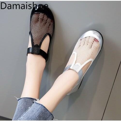 Mesh Sandals Womens Flat Toe Box 2021 Summer New Fishnet Sandals All-Matching Womens Shoes Round Toe Mary Jane Shoes Ladiess