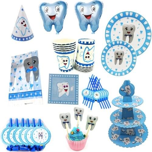 Blue Teeth Disposable Tableware Paper Plates Cups Foil BalloonsTablecloths Baby Shower Boys Birthday Party Supplies