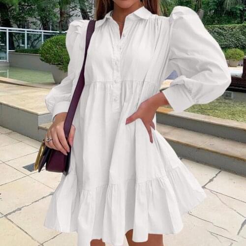 Stylish ZANZEA Women Summer Elegant Ruffles Shirt Dress Casual Button Party Vestido Vintage Lapel Neck Long Puff Sleeve Sundress