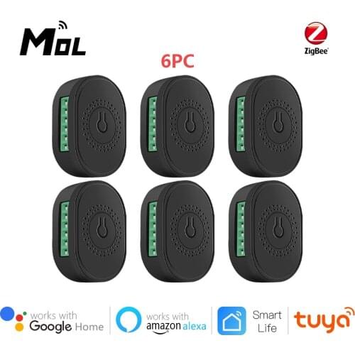 Tuya ZigBee 3.0 Black 6pcs 16A Mini Smart Wifi DIY Switch Supports 2 Way Control, Smart Home Automation Module,Works with Alexa