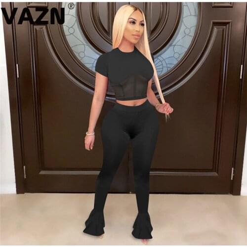 VAZN 2020 Fashion Casual Bandage Sport Running Women Solid Outfit Sexy Short Sleeve With Full Pant Two Pieces Set