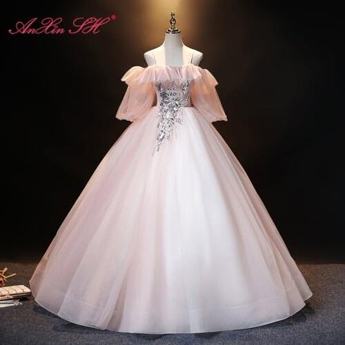 AnXin SH vintage princess pink lace spaghetti strap ruffles rose flower ball gown bride short sleeve stage host evening dress