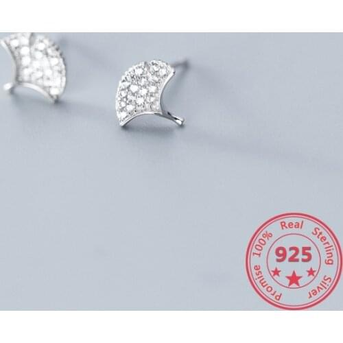 Real S925 Sterling Silver Womens Stud Earrings Fashion Sweet Micro-inlaid Zircon Ginkgo Leaf Exquisite Ear Accessories Jewelry