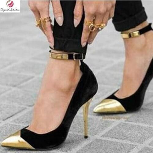 Original Intention Mature Mixed Color Black Gold Pumps Woman Gold Pointed Toe Thin High Heels Sexy Party Shoes Female Plus Size
