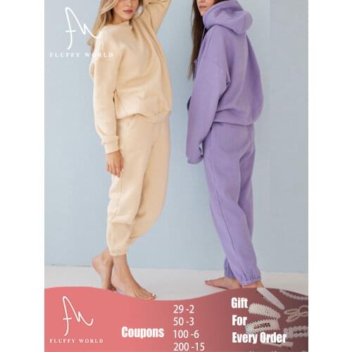 Women Elegant Solid Sweatshirt Suits Warm Hoodie and Long Pant Fashion Two Piece Sets Oversized Hood Sweatshirts Casual Outfits