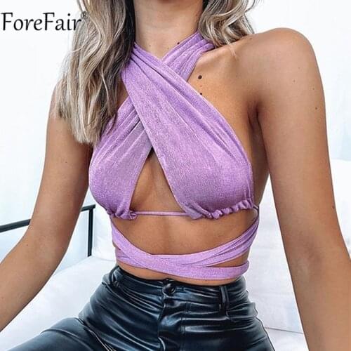 Forefair Summer Halter Neck Sexy Y2k Crop Top Hollow Out Backless Bandage Off Shoulder Sleeveless Women Casual Tank Tops Beach