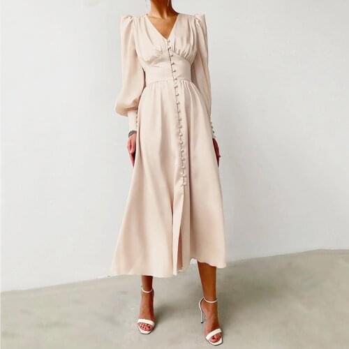 Satin Dress Female Luxury Designer Lantern Sleeves High Waist Slimming Elegant Long Dress for Wedding Solid Color ZD2065