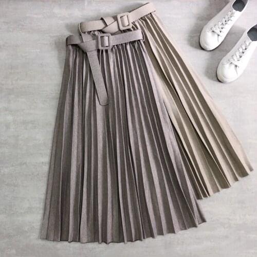 2021 Winter Women Pleated Skirts Belt Heavy Woolen Thick Herringbone Midi Sashes Office Lady High Waist A-line Long Skirts