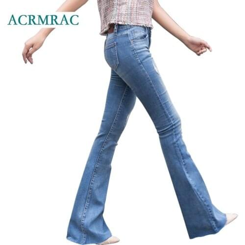 ACRMRAC Womens jeans New 2018 Spring and autumn Slim Solid color Holes tassel Middle waist Skinny Flare Pants Full Length jeans