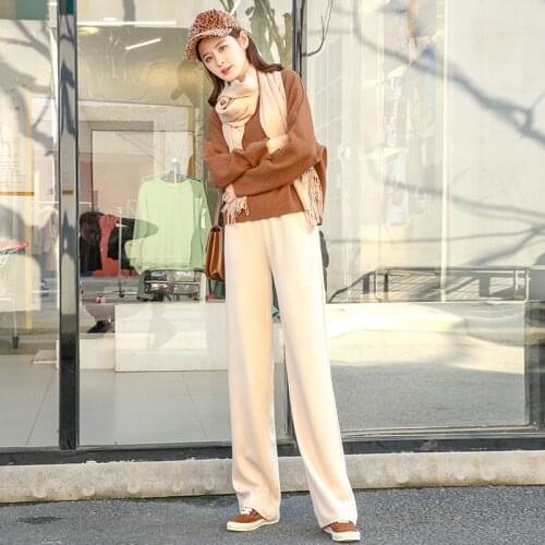 Female Spring Keep warm comfortable cashmere camel pants Women knitted wide leg pants Casual Loose Straight Knitted pants women