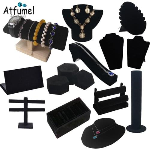 Black Velvet Series Necklace Ring Jewelry Organizer Holder Wooden Watch T Bar Jewellery Stand Bangle Earring Storage Showcase