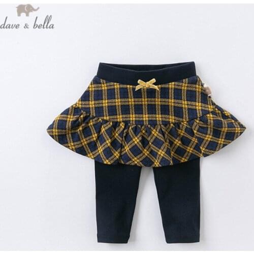 DBM14550 dave bella autumn baby girls fashion bow plaid pants children full length kids pants infant toddler trousers
